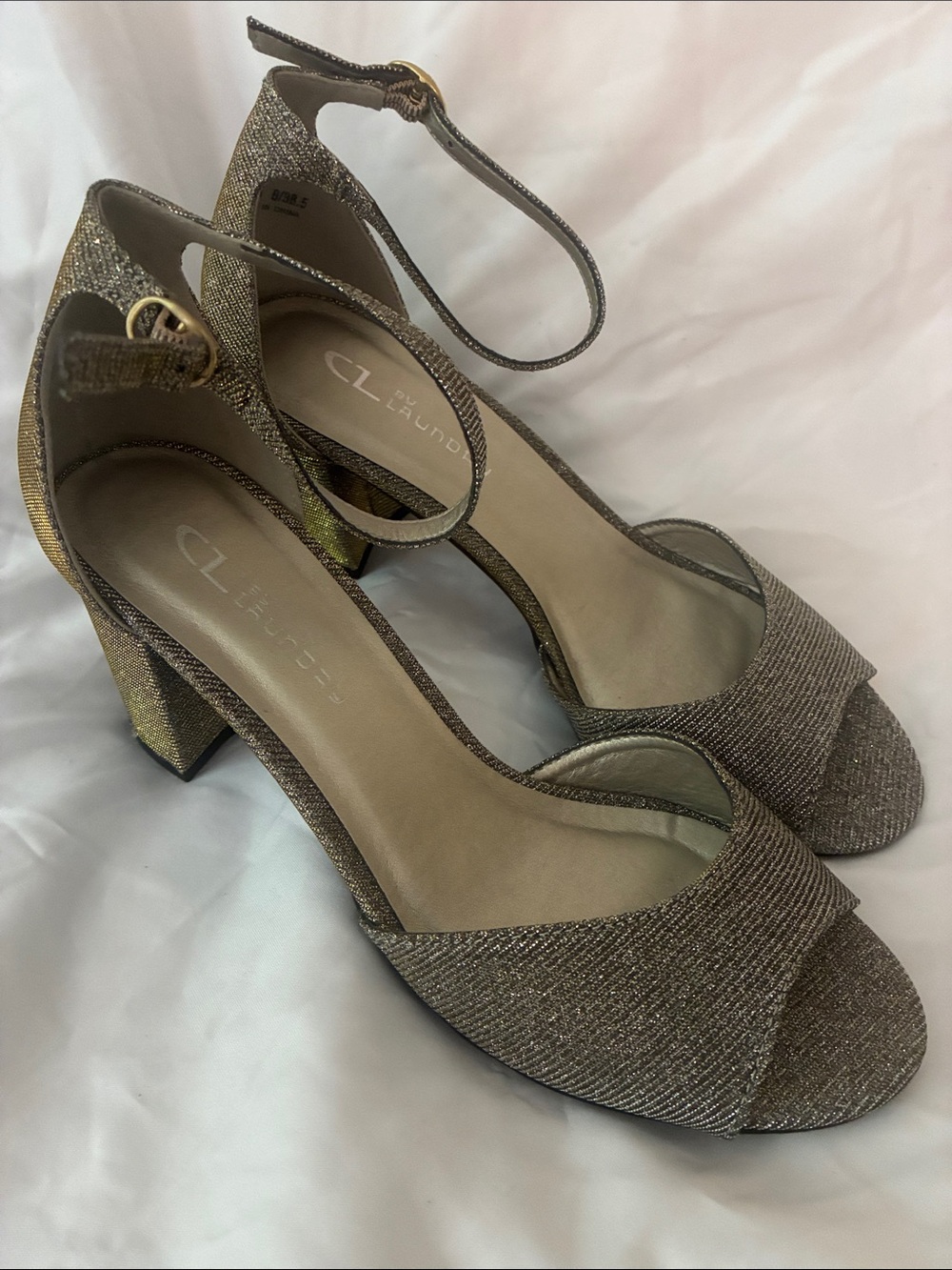 CL by Laundry Metallic Gold and silver shimmer. Ankle-Strap Block Heel Sandals